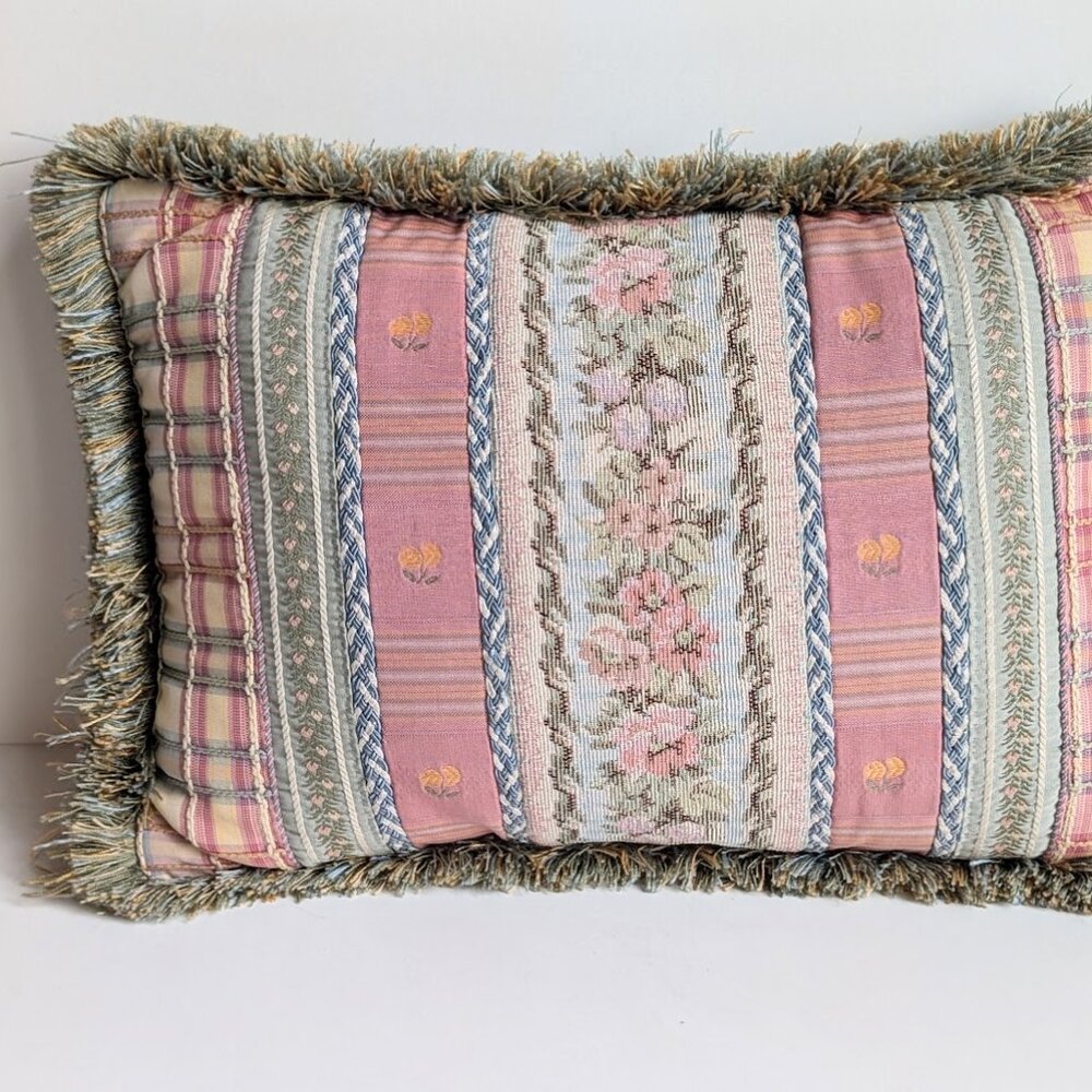 SWEET DREAMS Aubusson Tapestry Fringe Decorative Throw Pillow Shabby Chic 18x12"